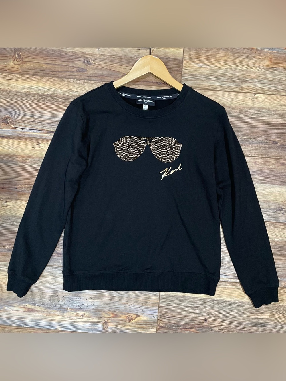 Karl Lagerfeld Paris Crew Sweatshirt Women’s XS Black Gold Sequin Sunglasses New